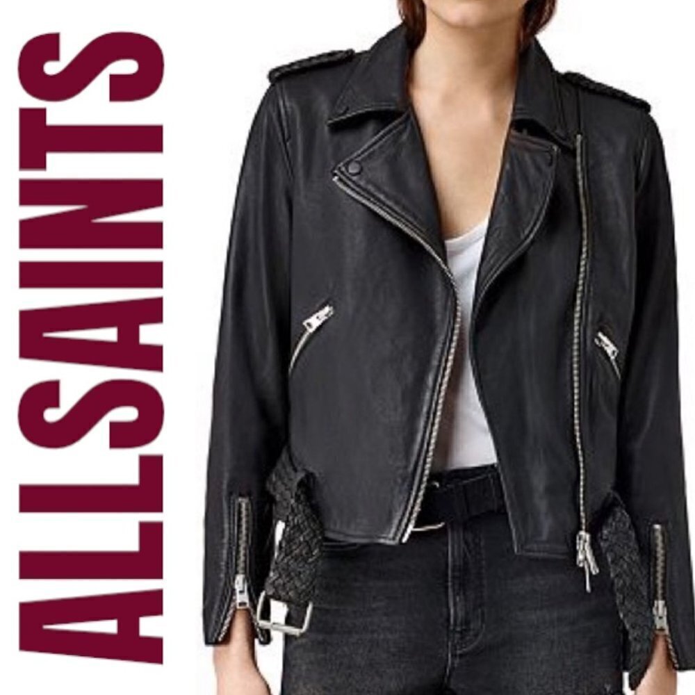 ALLSAINTS WYATT BRAIDED LIQUID LEATHER MOTO BIKER JACKET, Size 0